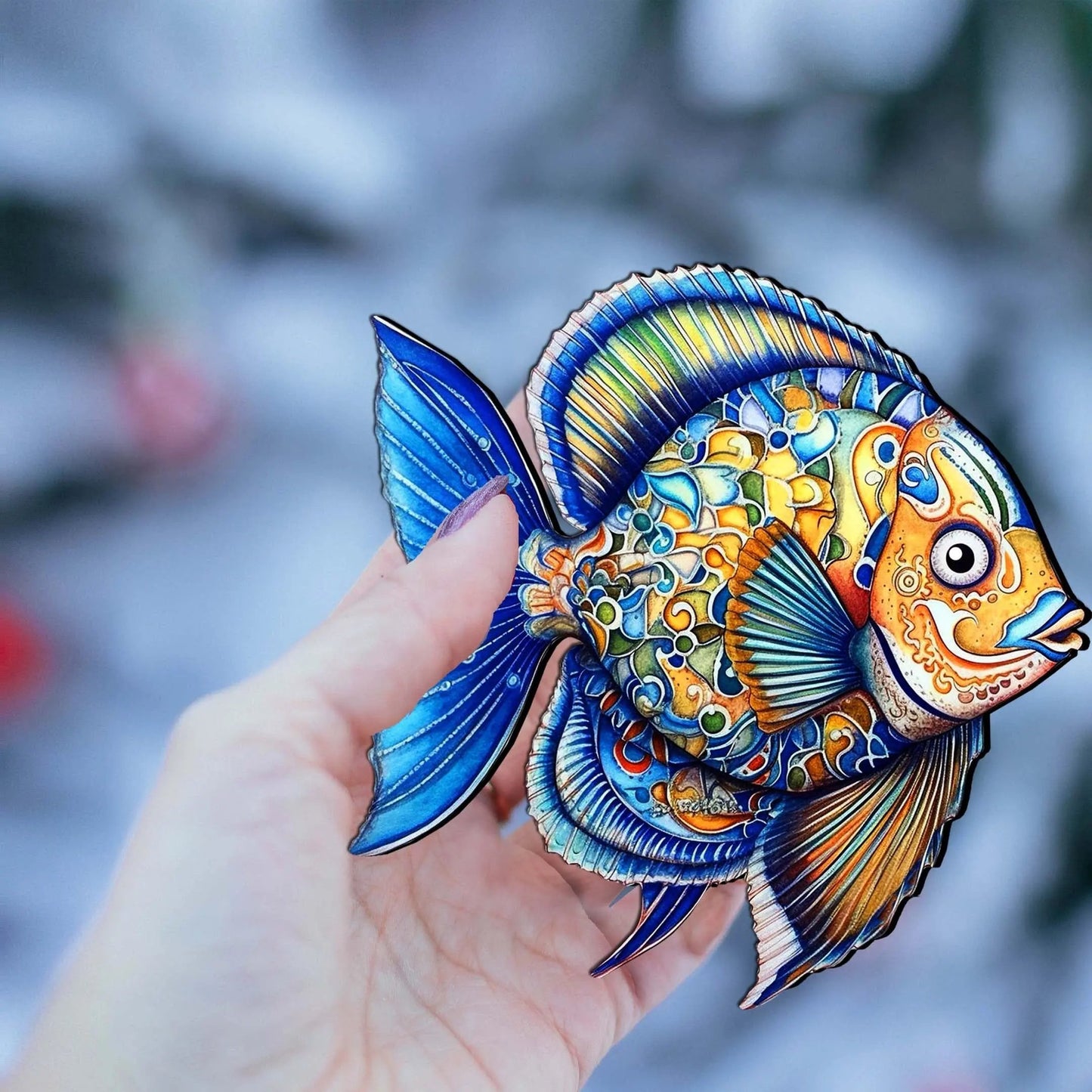 Wooden Christmas Tree Decorations - Blue Fish Wooden Ornaments by G.Debrekht Coastal Holiday Decor - 8688301