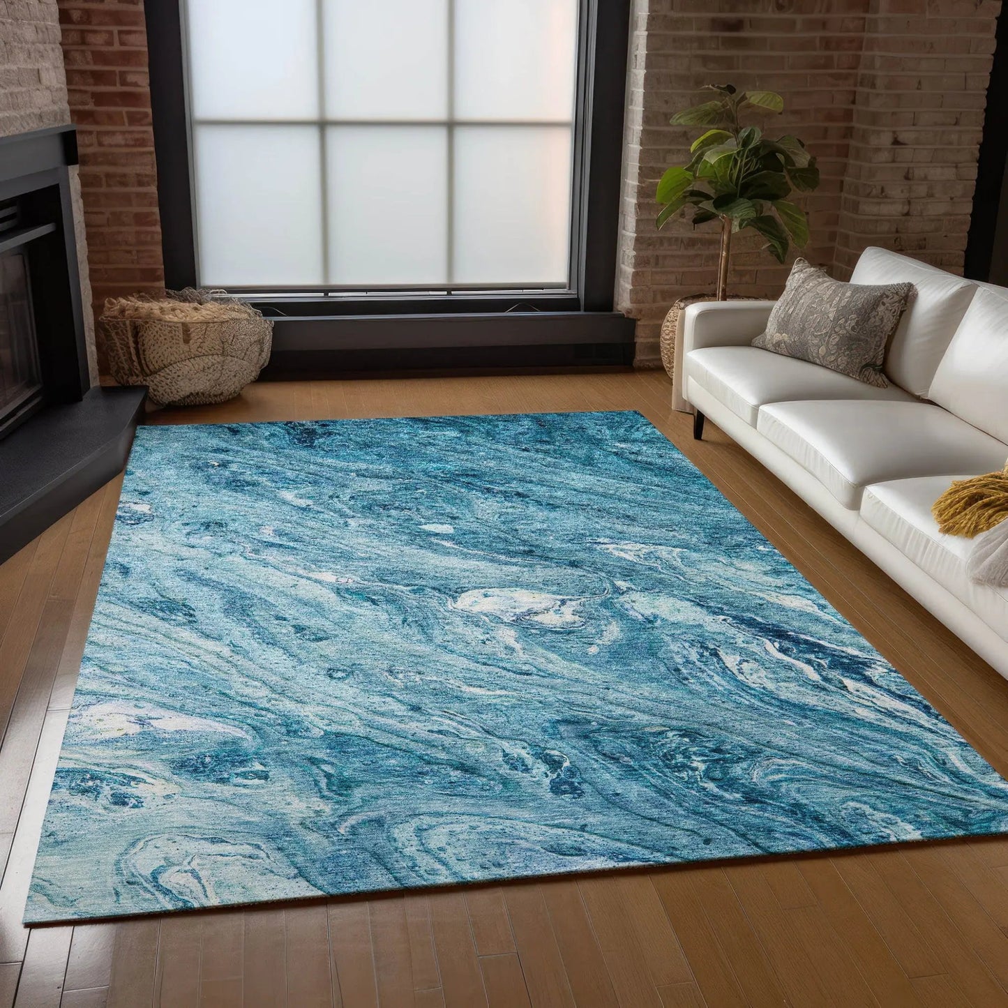 8' X 10' Sky Blue And Navy Blue Abstract Washable Indoor Outdoor Area Rug