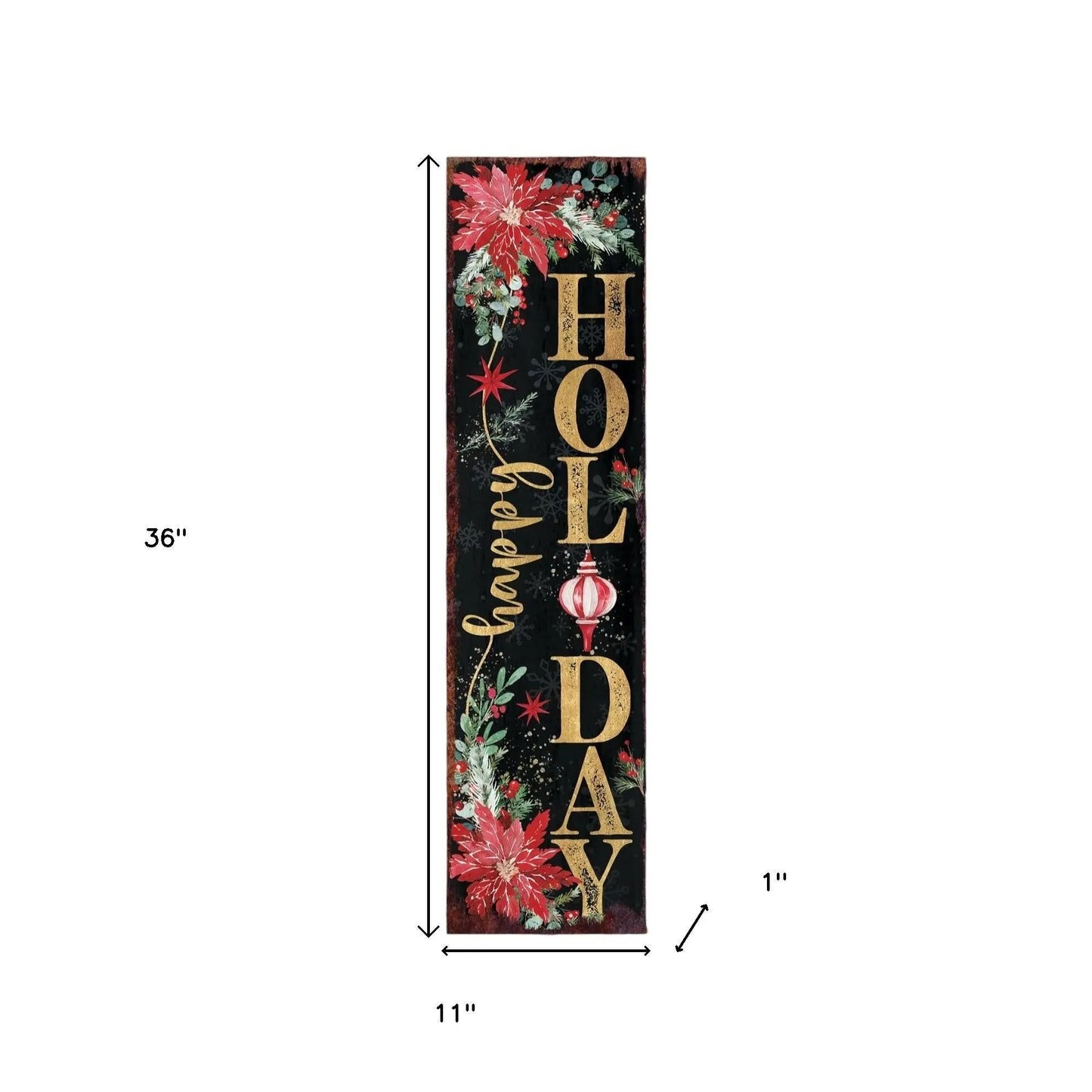 36" Black Gold Green And Red Solid Wood Happy Holidays Christmas Poinsettia Porch Sign