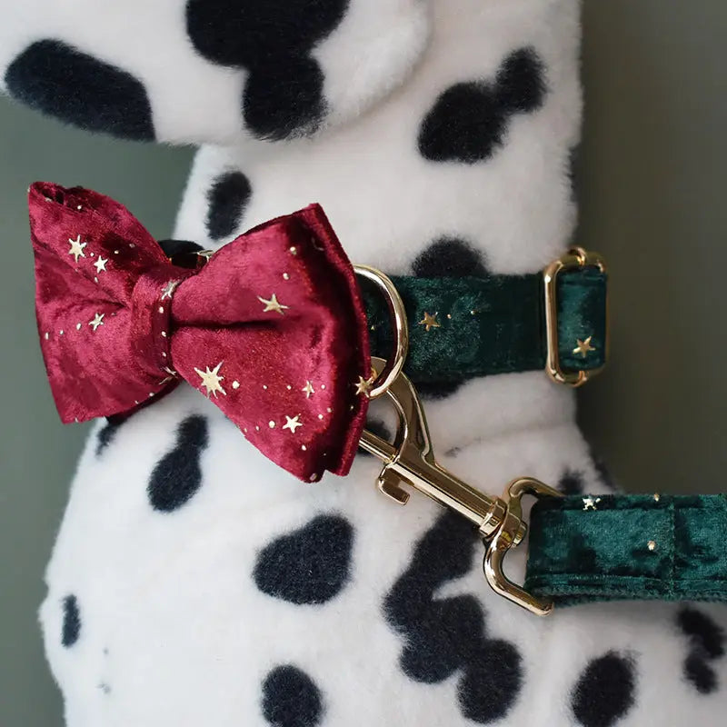 Dog collar with a red bow tie and green strap on a Dalmatian dog.