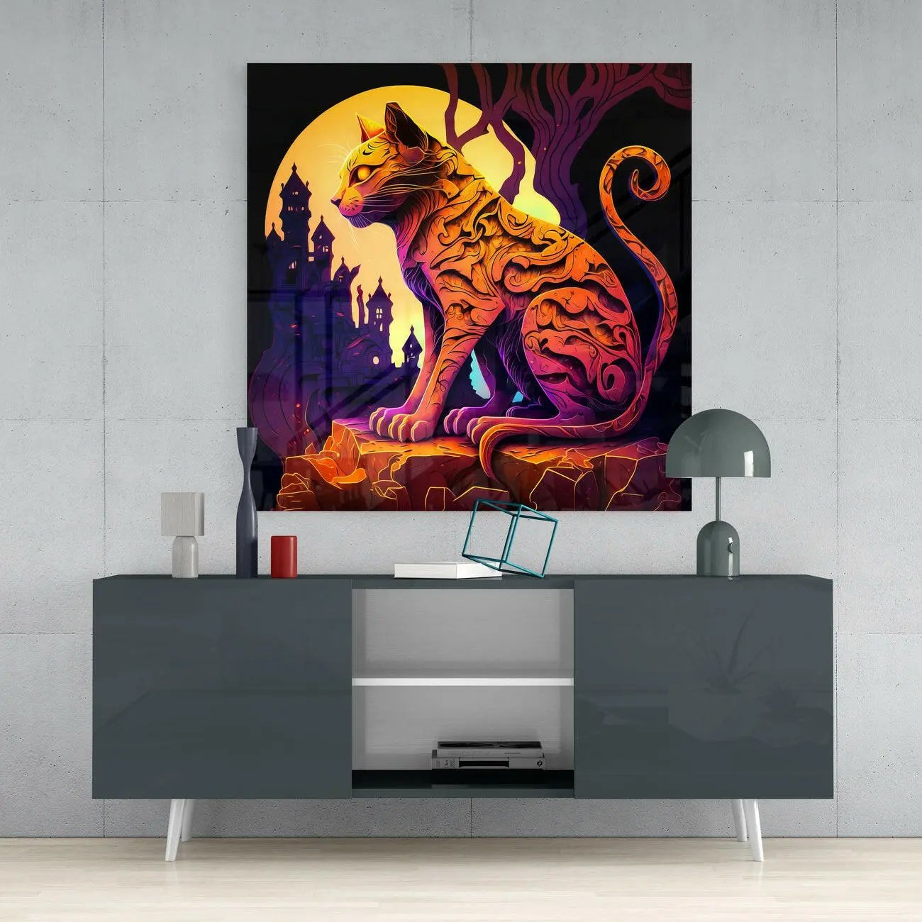 Ancient Cat Glass Wall Art || Designers Collection