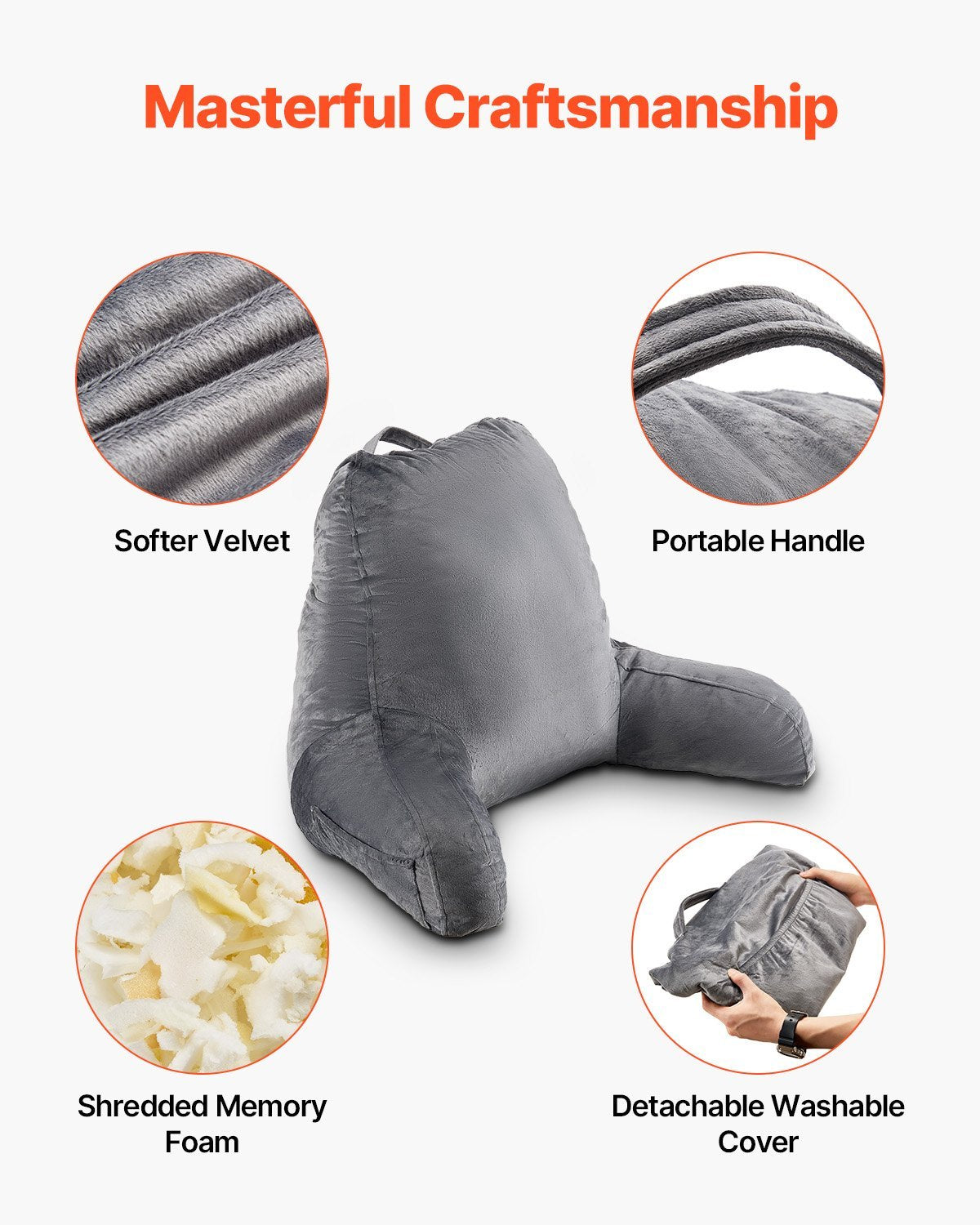 Reading Pillow, Large Size Bed Pillow With Shredded Memory Foam, Back Pillow With 3 Pockets And Washable Short Velvet Cloth, Top With Handle, For Watching TV, Reading, Gaming, Resting, Grey
