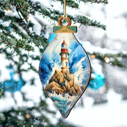 Wooden Christmas Tree Decorations - Lighthouse Wooden Ornaments by G.Debrekht Coastal Holiday Decor - 8688177