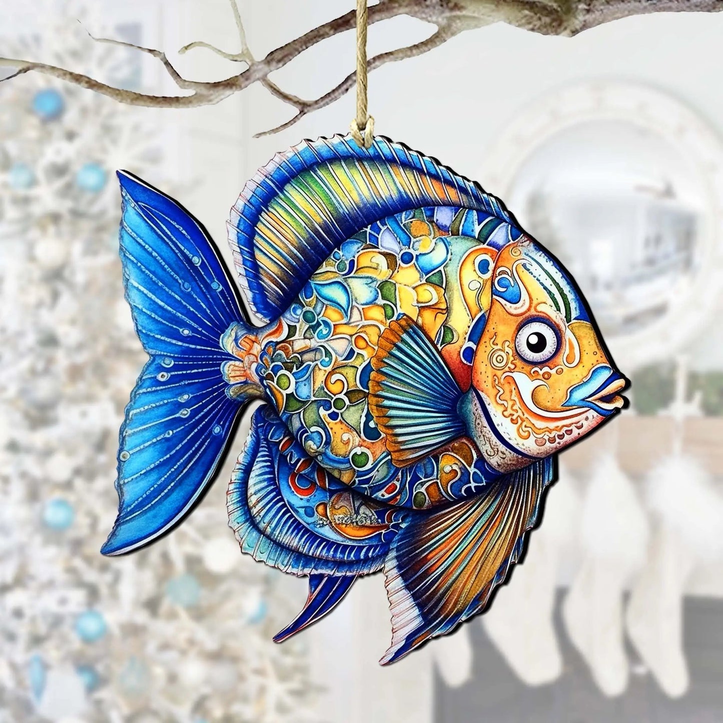 Wooden Christmas Tree Decorations - Blue Fish Wooden Ornaments by G.Debrekht Coastal Holiday Decor - 8688301