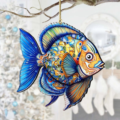 Wooden Christmas Tree Decorations - Blue Fish Wooden Ornaments by G.Debrekht Coastal Holiday Decor - 8688301