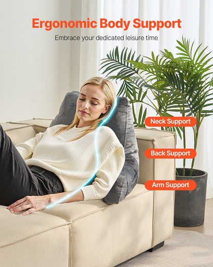 Reading Pillow, Large Size Bed Pillow With Shredded Memory Foam, Back Pillow With 3 Pockets And Washable Short Velvet Cloth, Top With Handle, For Watching TV, Reading, Gaming, Resting, Grey