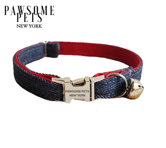 SMALL SIZE DOG & CAT COLLAR- JEANS BLUE WITH RED