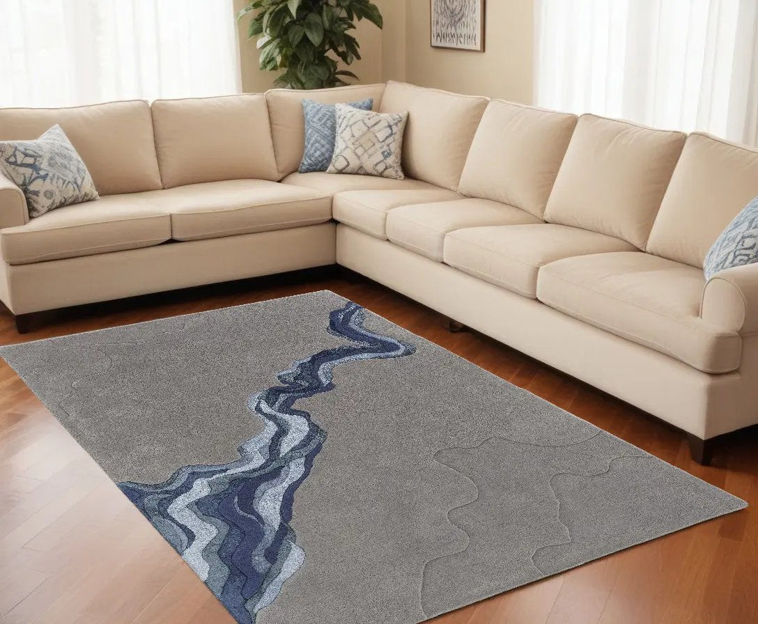 10' X 14' Blue and Gray Wool Abstract Hand Tufted Area Rug