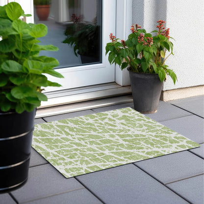 2' X 3' Green and White Abstract Washable Non Skid Indoor Outdoor Area Rug