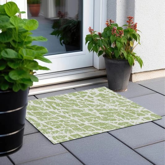 2' X 3' Green and White Abstract Washable Non Skid Indoor Outdoor Area Rug