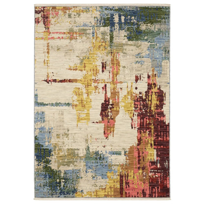 2' X 3' Beige Orange And Red Abstract Area Rug With Fringe