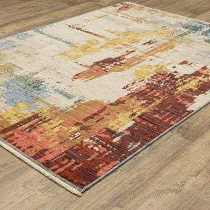 2' X 3' Beige Orange And Red Abstract Area Rug With Fringe