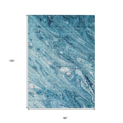 8' X 10' Sky Blue And Navy Blue Abstract Washable Indoor Outdoor Area Rug