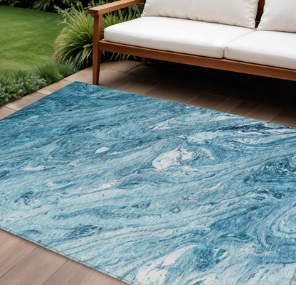 8' X 10' Sky Blue And Navy Blue Abstract Washable Indoor Outdoor Area Rug