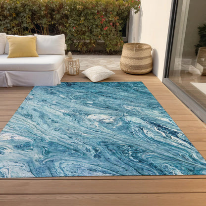 8' X 10' Sky Blue And Navy Blue Abstract Washable Indoor Outdoor Area Rug