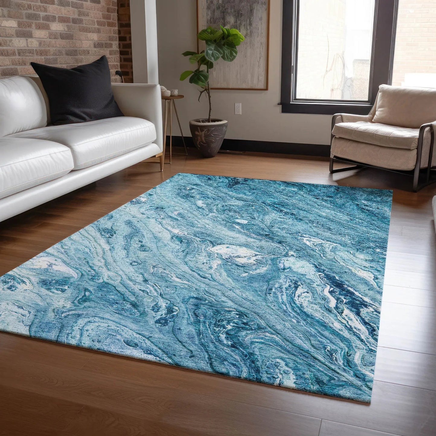 8' X 10' Sky Blue And Navy Blue Abstract Washable Indoor Outdoor Area Rug