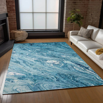 8' X 10' Sky Blue And Navy Blue Abstract Washable Indoor Outdoor Area Rug