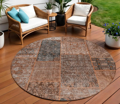 8' Terra Cotta Copper And Charcoal Round Patchwork Washable Indoor Outdoor Area Rug