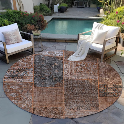 8' Terra Cotta Copper And Charcoal Round Patchwork Washable Indoor Outdoor Area Rug