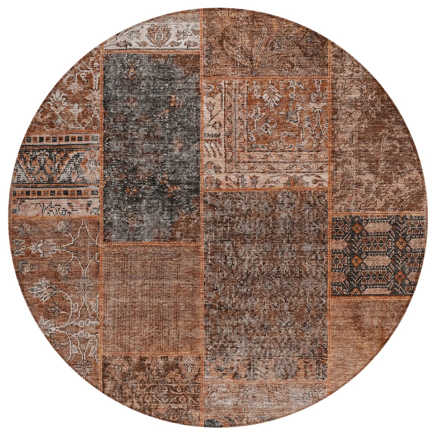 8' Terra Cotta Copper And Charcoal Round Patchwork Washable Indoor Outdoor Area Rug