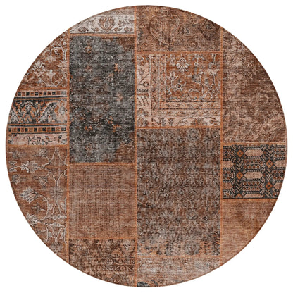 8' Terra Cotta Copper And Charcoal Round Patchwork Washable Indoor Outdoor Area Rug