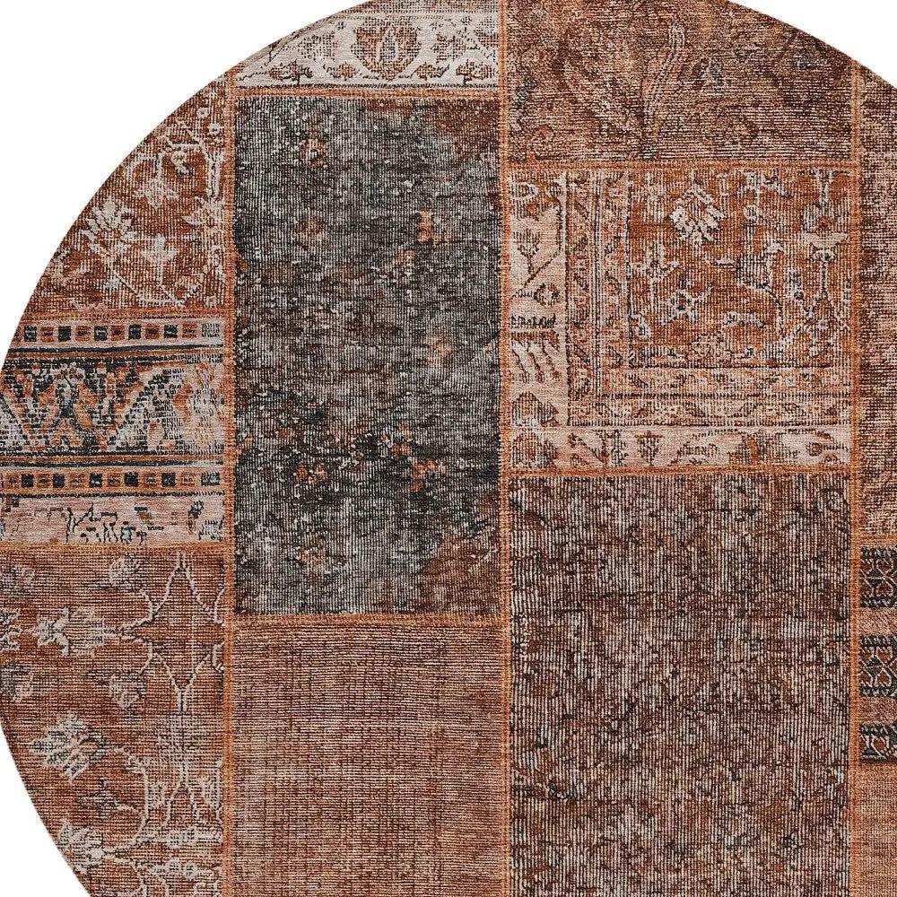 8' Terra Cotta Copper And Charcoal Round Patchwork Washable Indoor Outdoor Area Rug