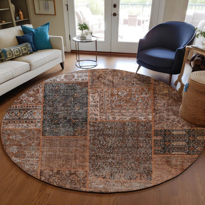 8' Terra Cotta Copper And Charcoal Round Patchwork Washable Indoor Outdoor Area Rug