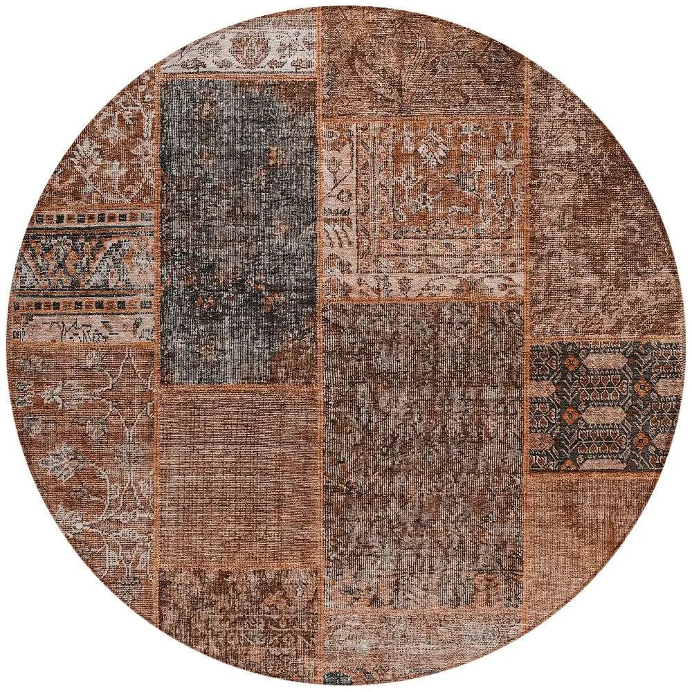 8' Terra Cotta Copper And Charcoal Round Patchwork Washable Indoor Outdoor Area Rug