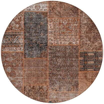8' Terra Cotta Copper And Charcoal Round Patchwork Washable Indoor Outdoor Area Rug