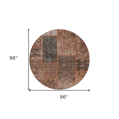 8' Terra Cotta Copper And Charcoal Round Patchwork Washable Indoor Outdoor Area Rug