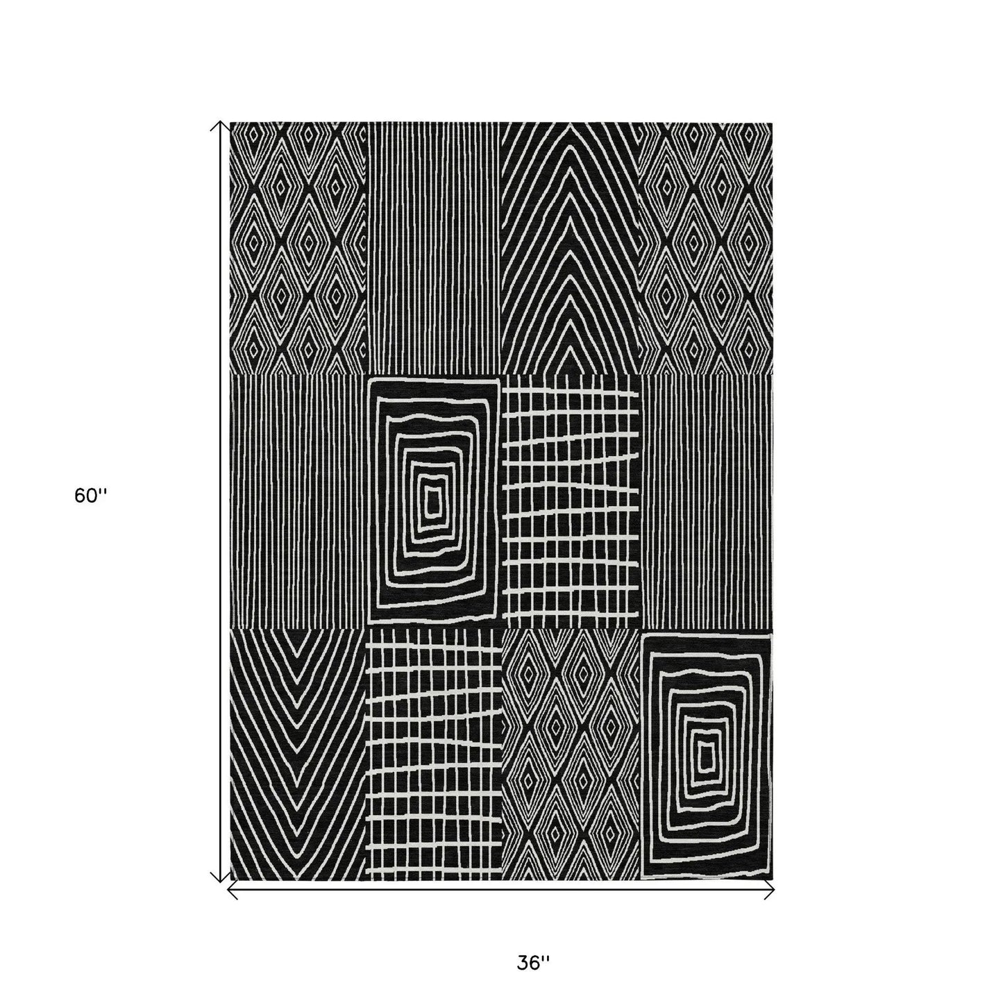 3' X 5' Black And Ivory Geometric Washable Indoor Outdoor Area Rug
