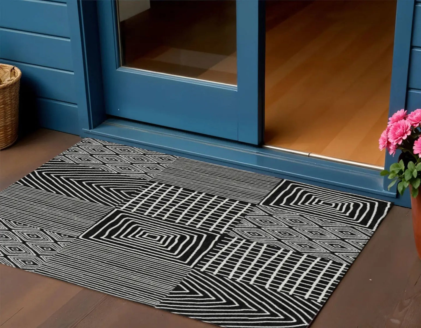 3' X 5' Black And Ivory Geometric Washable Indoor Outdoor Area Rug