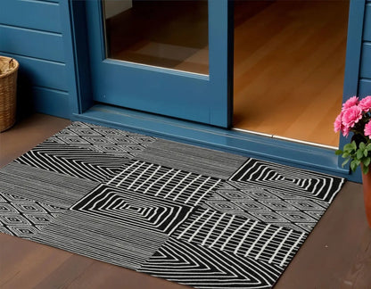 3' X 5' Black And Ivory Geometric Washable Indoor Outdoor Area Rug