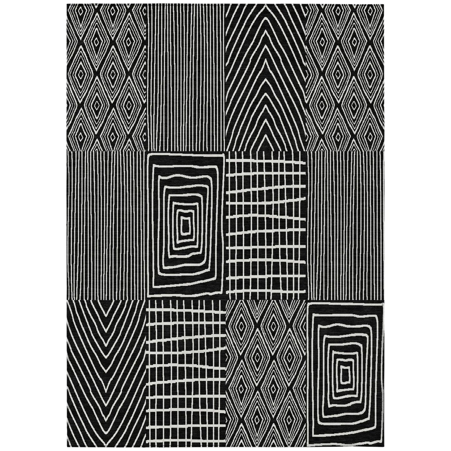 3' X 5' Black And Ivory Geometric Washable Indoor Outdoor Area Rug