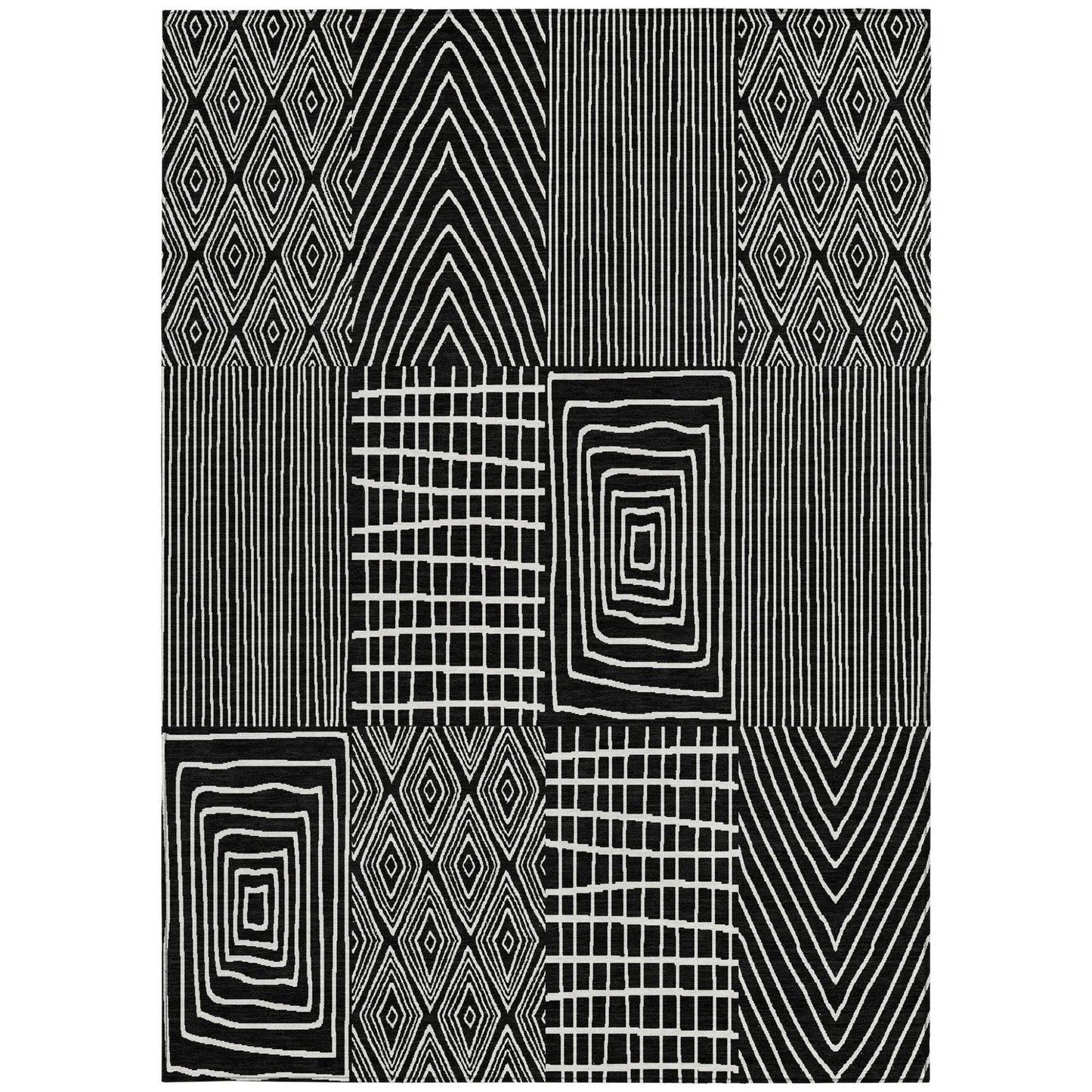 3' X 5' Black And Ivory Geometric Washable Indoor Outdoor Area Rug