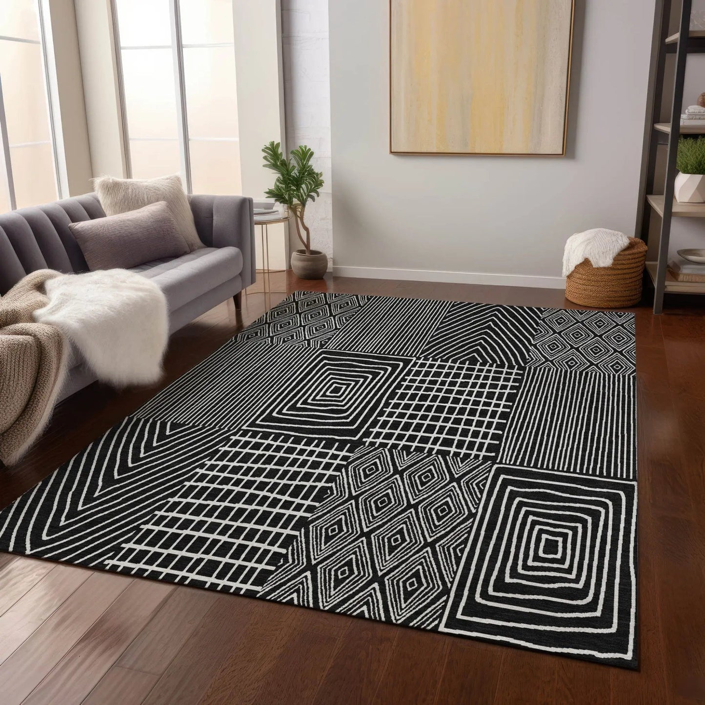 3' X 5' Black And Ivory Geometric Washable Indoor Outdoor Area Rug