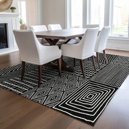 3' X 5' Black And Ivory Geometric Washable Indoor Outdoor Area Rug