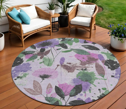 8' Lavender And Artichoke Green Round Floral Washable Indoor Outdoor Area Rug