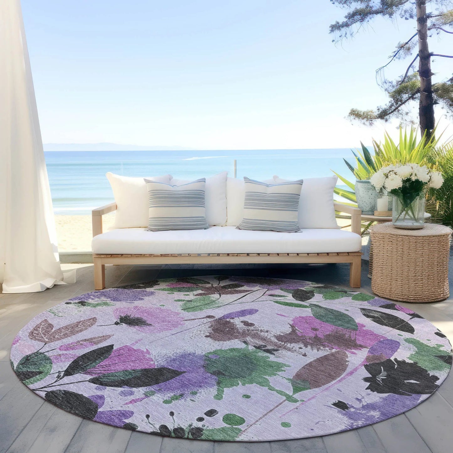 8' Lavender And Artichoke Green Round Floral Washable Indoor Outdoor Area Rug