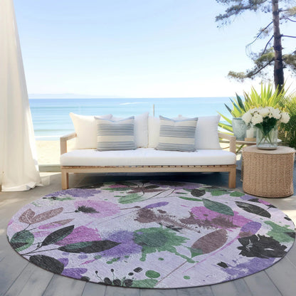 8' Lavender And Artichoke Green Round Floral Washable Indoor Outdoor Area Rug
