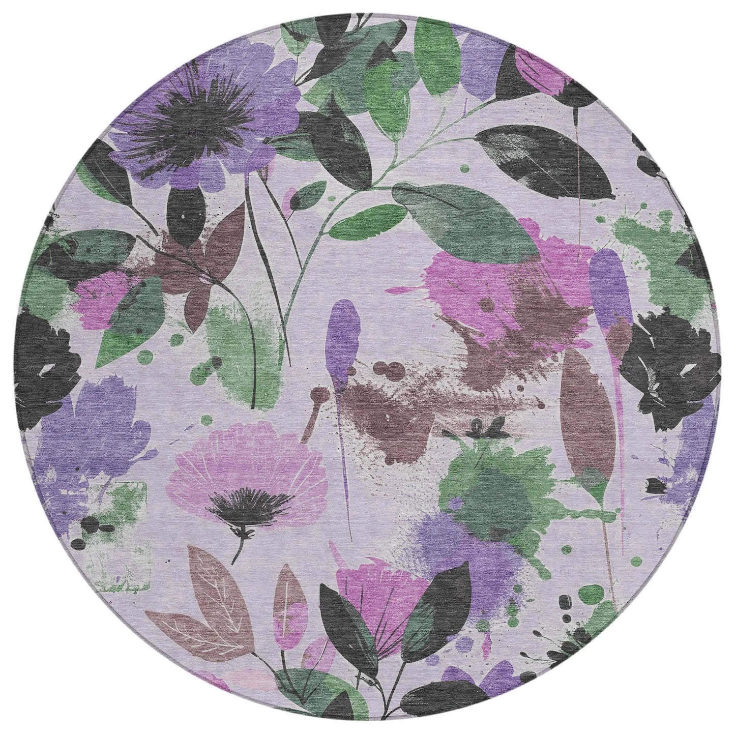 8' Lavender And Artichoke Green Round Floral Washable Indoor Outdoor Area Rug