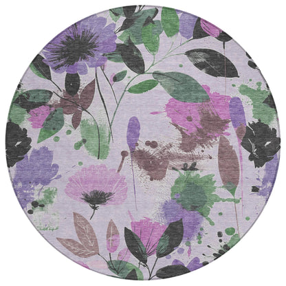 8' Lavender And Artichoke Green Round Floral Washable Indoor Outdoor Area Rug