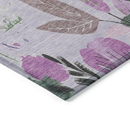 8' Lavender And Artichoke Green Round Floral Washable Indoor Outdoor Area Rug