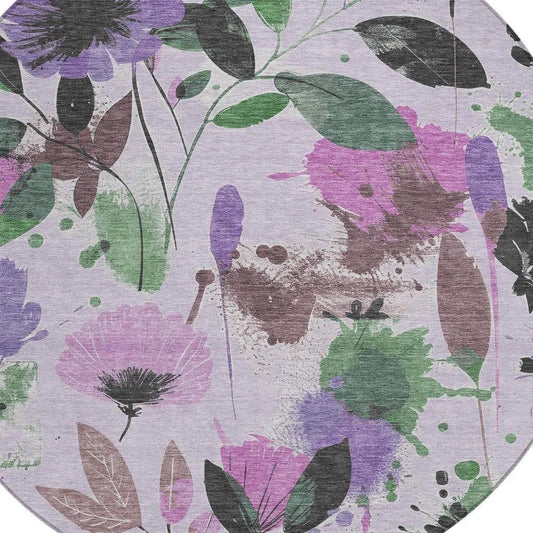 8' Lavender And Artichoke Green Round Floral Washable Indoor Outdoor Area Rug