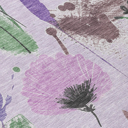 8' Lavender And Artichoke Green Round Floral Washable Indoor Outdoor Area Rug