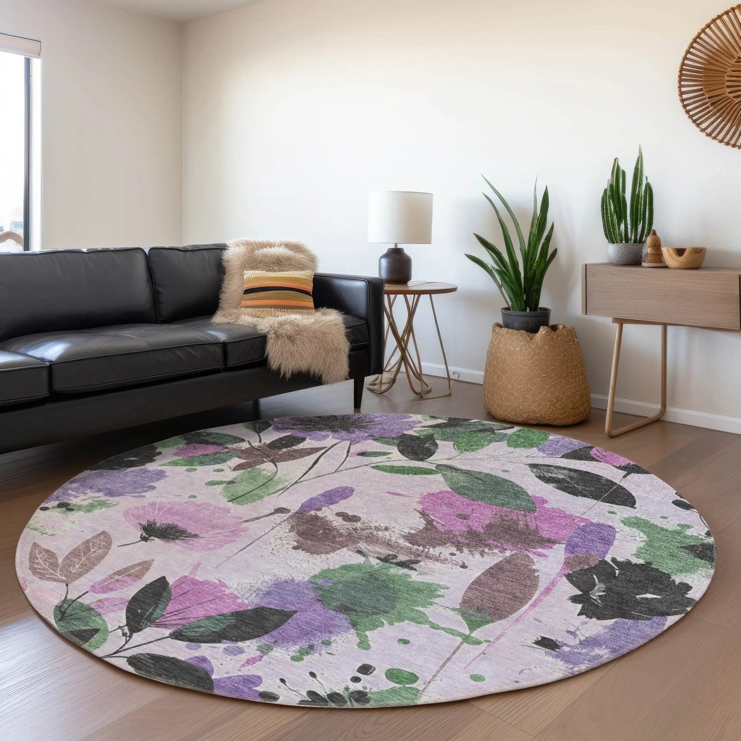 8' Lavender And Artichoke Green Round Floral Washable Indoor Outdoor Area Rug