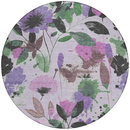 8' Lavender And Artichoke Green Round Floral Washable Indoor Outdoor Area Rug