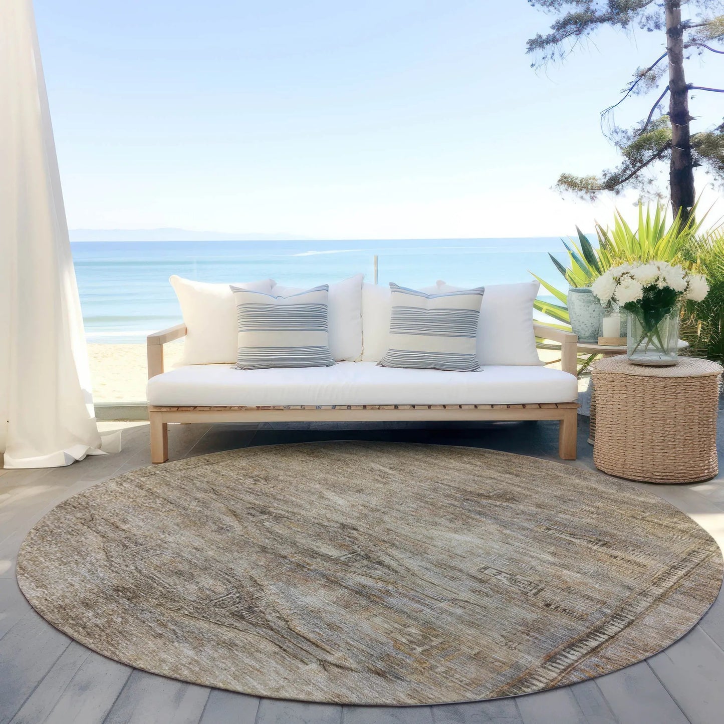 8' Brown And Taupe Round Aztec Washable Indoor Outdoor Area Rug