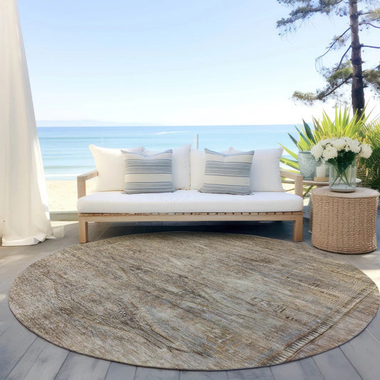 8' Brown And Taupe Round Aztec Washable Indoor Outdoor Area Rug