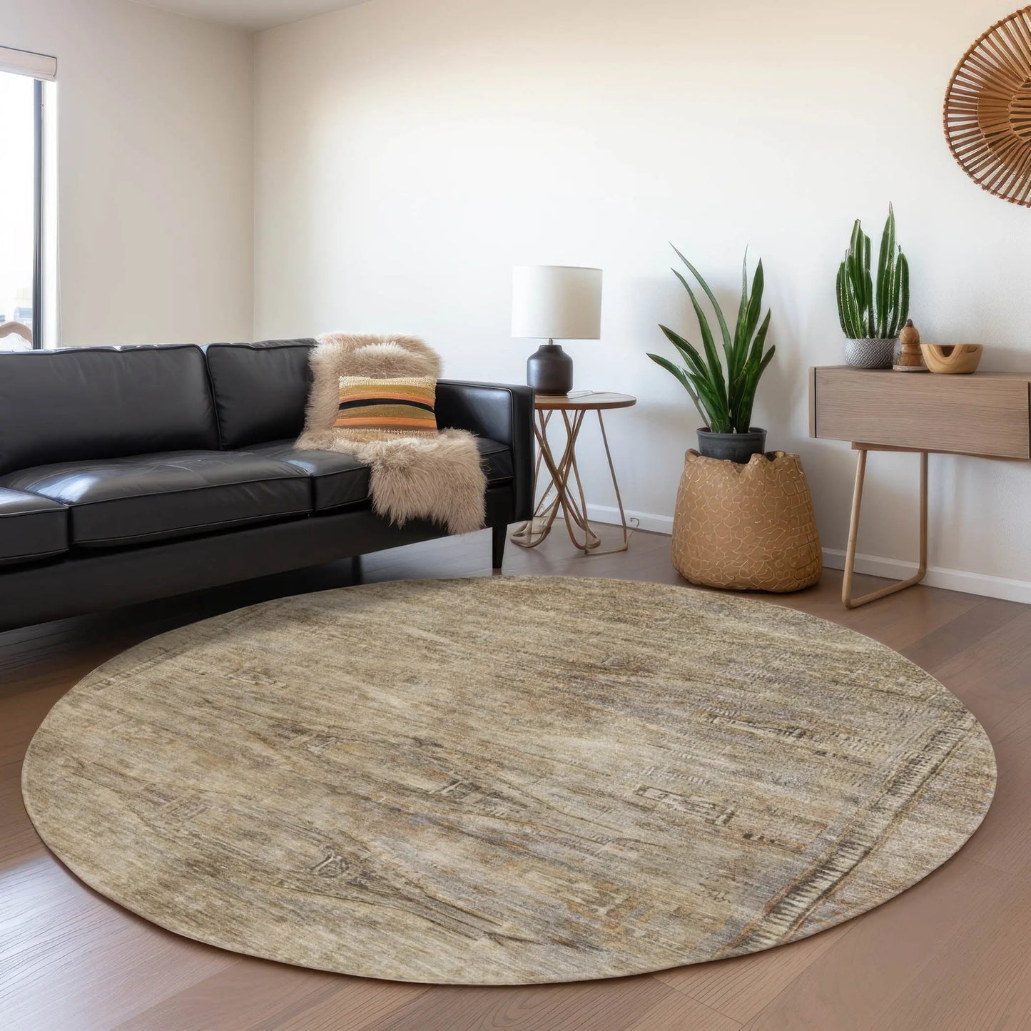 8' Brown And Taupe Round Aztec Washable Indoor Outdoor Area Rug
